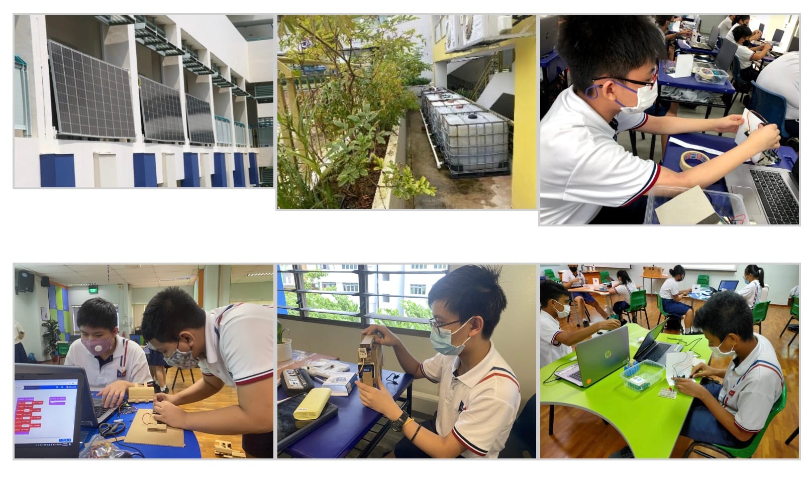 Six photos showing solar panels on a building, outdoor water tanks with plants, and students working on tech projects with laptops.